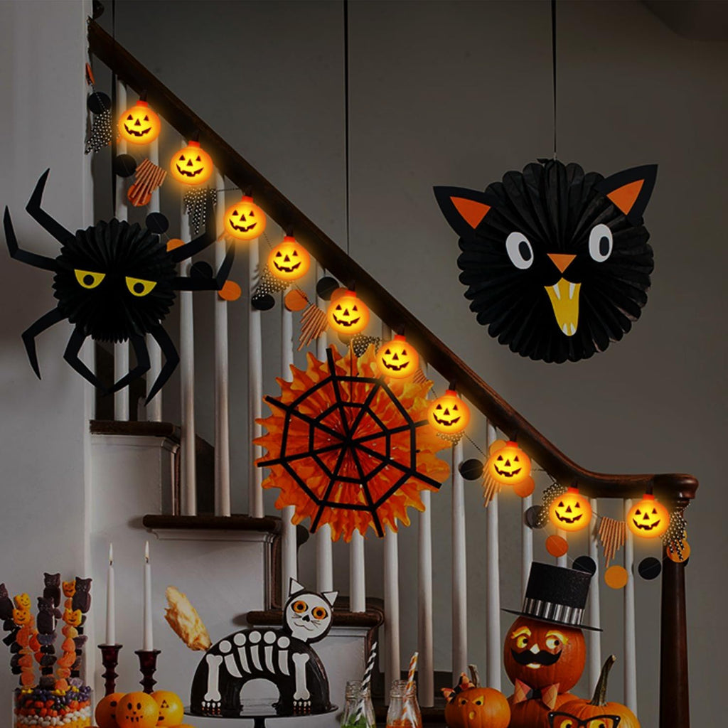 Halloween LED Pumpkin Lights - 8.5Ft Jack O Lantern Pumpkin String Lights with 10 LED Jack O Lantern Lights, for Indoor Outdoor Halloween Decorations for Home Party Yard Patio Tree, 0.07W