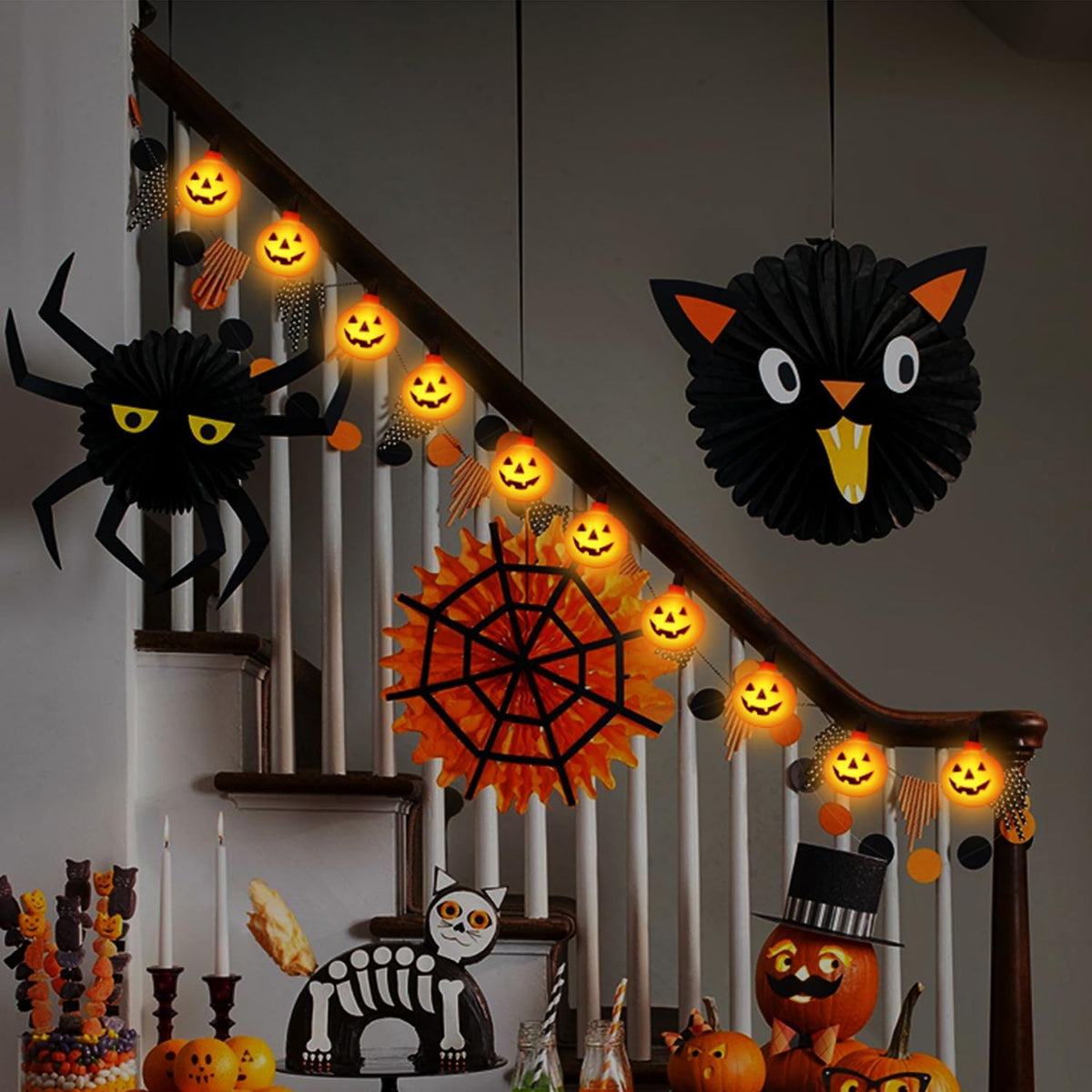 Halloween LED Pumpkin Lights - 8.5Ft Jack O Lantern Pumpkin String Lights with 10 LED Jack O Lantern Lights, for Indoor Outdoor Halloween Decorations for Home Party Yard Patio Tree, 0.07W