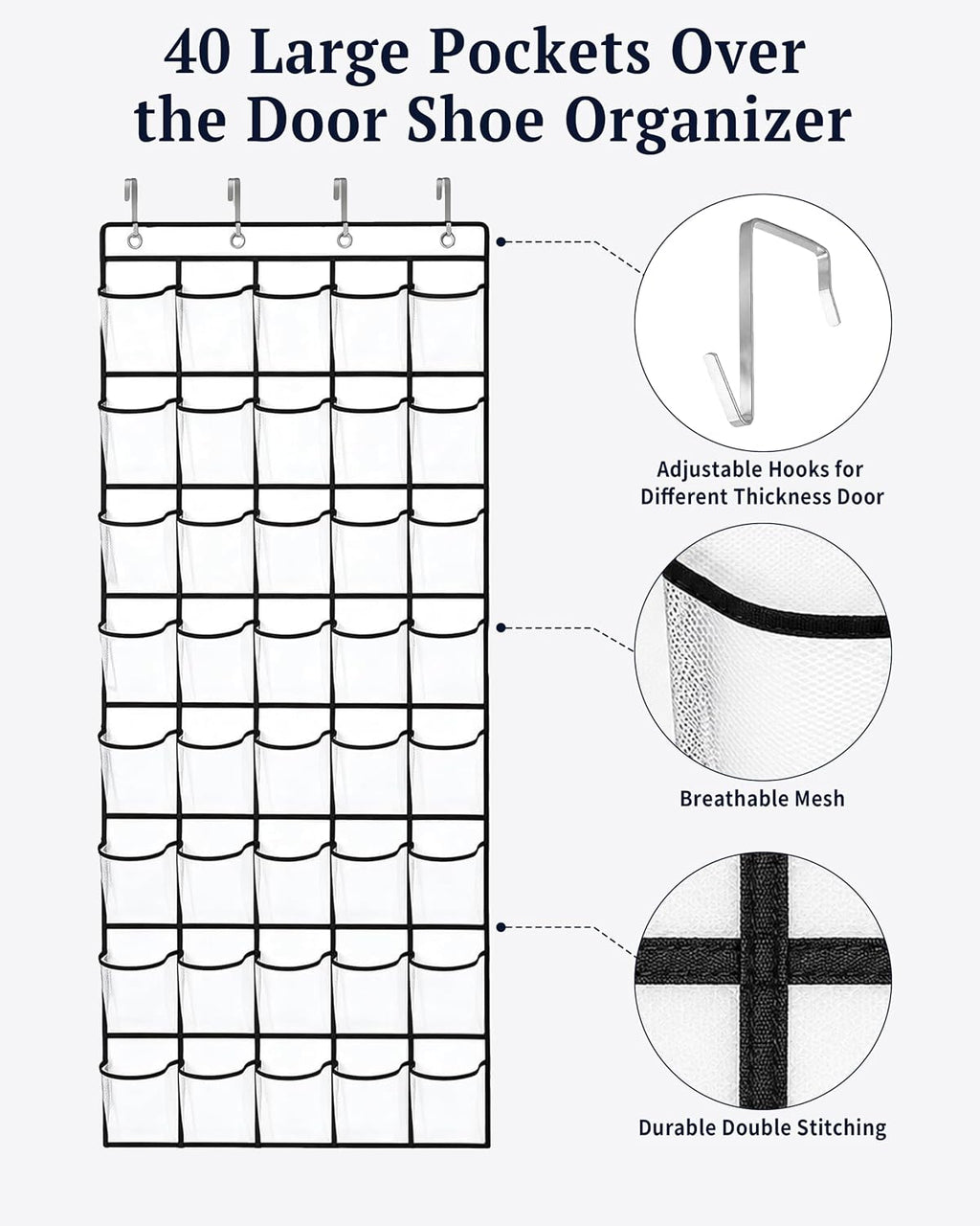 40 Pockets Over the Door Shoe Organizer, Reusable Large Capacity Breathable Mesh Pockets Shoe Holder, Space Saving Hanging Shoe Rack for Dorm Room Bedroom Entryway Closet Storage (White, 40 Pockets)