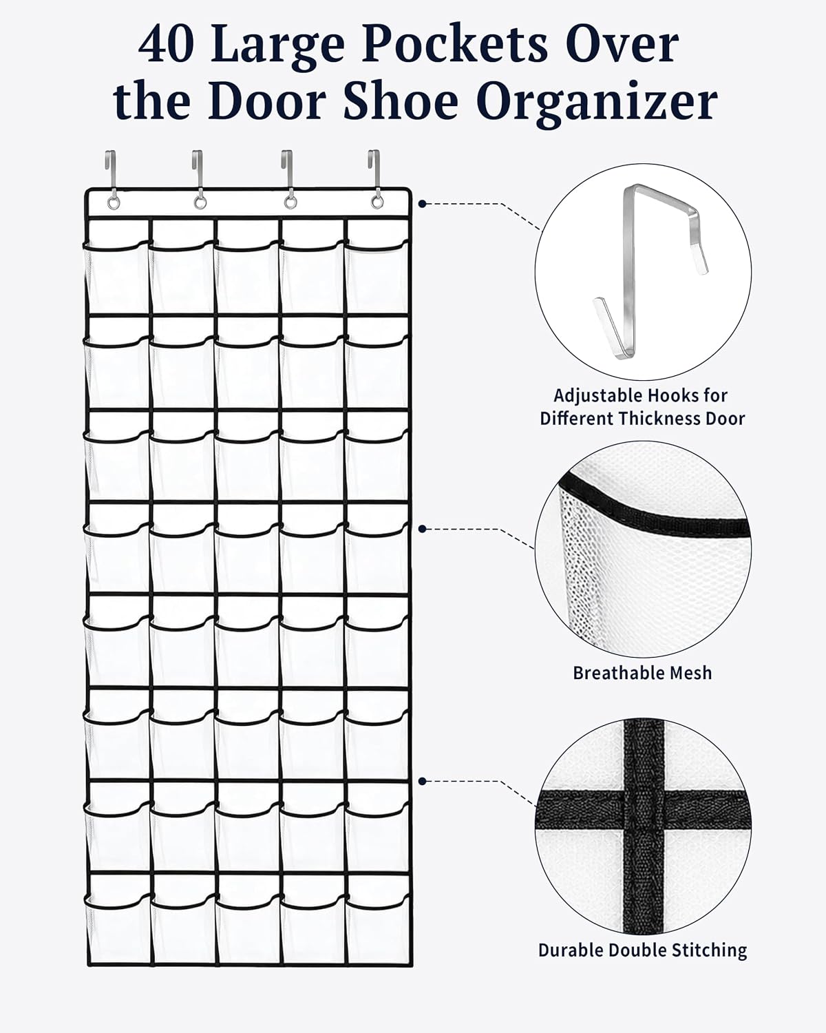 40 Pockets Over the Door Shoe Organizer, Reusable Large Capacity Breathable Mesh Pockets Shoe Holder, Space Saving Hanging Shoe Rack for Dorm Room Bedroom Entryway Closet Storage (White, 40 Pockets)