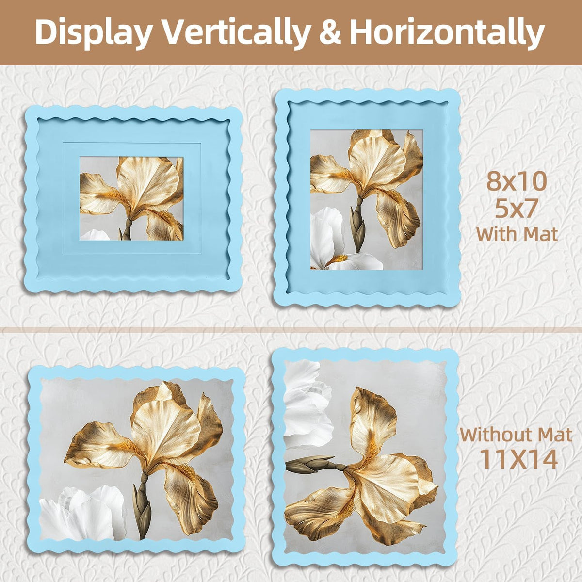 SNAPSHOT Light Blue Wavy 11x14 Picture Frame with Mat for 5x7/8x10, Scalloped Wooden Photo Frames with Real Glass for Wall Mount and Tabletop, 1 Pack
