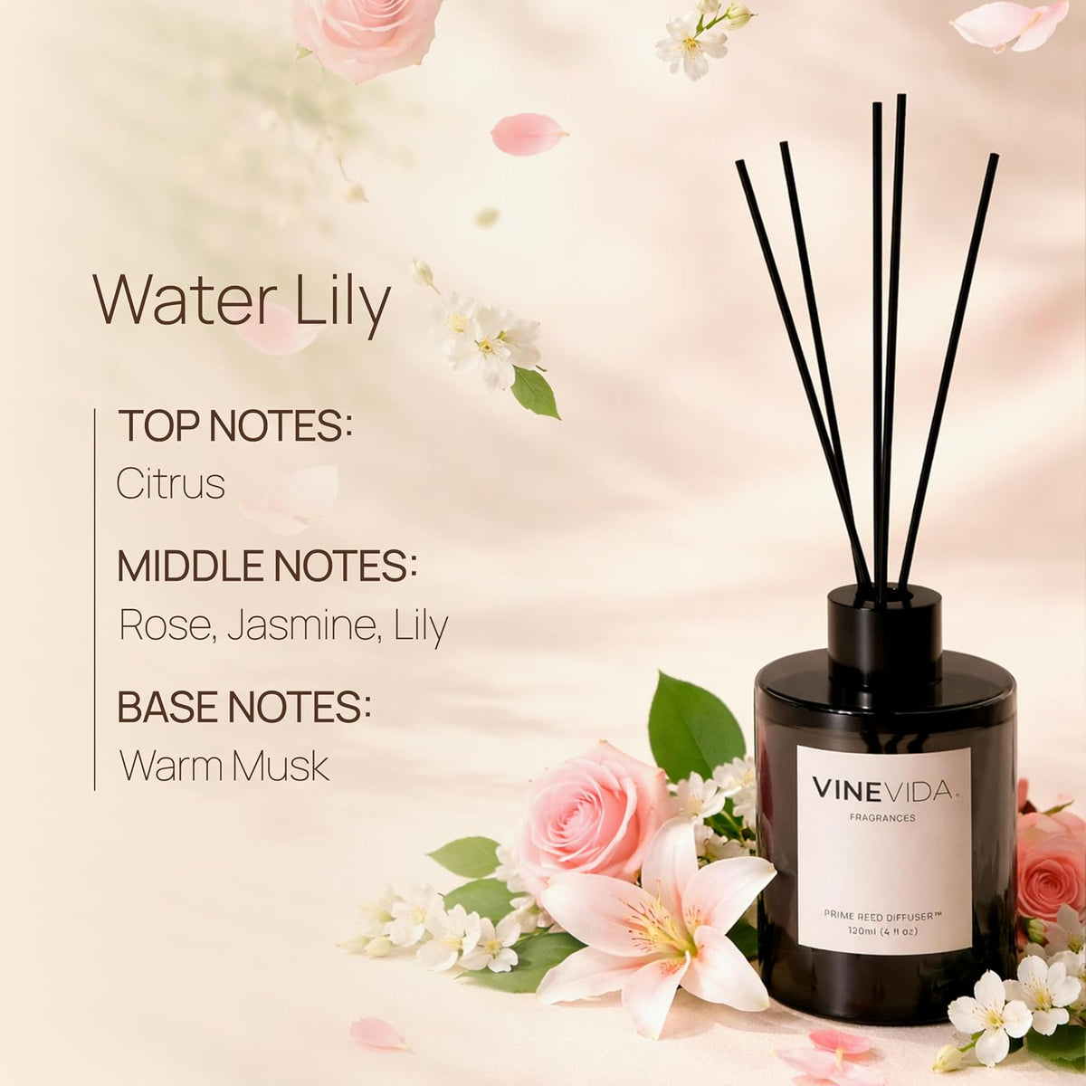 VINEVIDA | Water Lily | Reed Diffuser for Home & Bathroom | Long-Lasting Scent Sticks Set | Oil Stick Diffuser | Bathroom Scent