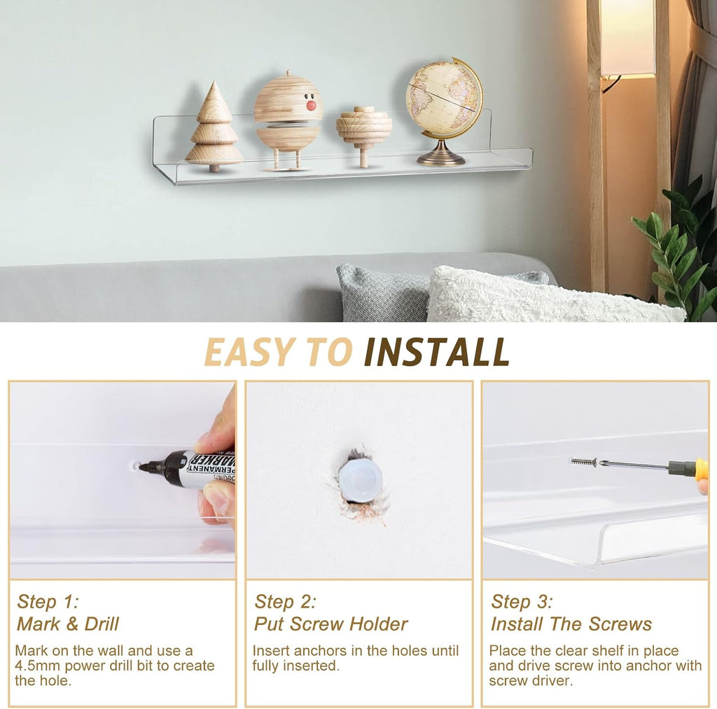 AMEITECH 4 Pack Floating Shelves for Wall, 15" Acrylic Shelves for Room Decor, Book Shelf for Kids, Clear Hanging Display Shelf Organizer for Kitchen, Bedroom, Bathroon Organizers and Storage