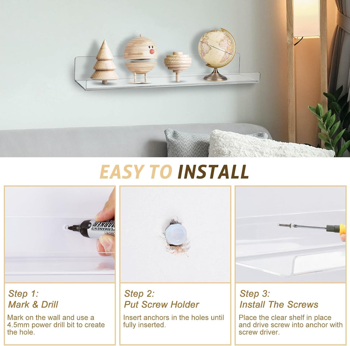 AMEITECH 4 Pack Floating Shelves for Wall, 15" Acrylic Shelves for Room Decor, Book Shelf for Kids, Clear Hanging Display Shelf Organizer for Kitchen, Bedroom, Bathroon Organizers and Storage