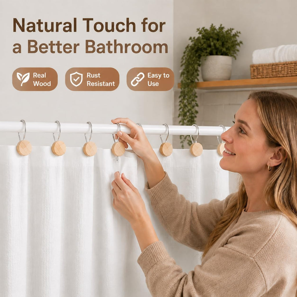 Wood Shower Curtain Hooks with Silvery Metal Rings, Set of 12 Decorative Hardware for Bathroom Rods