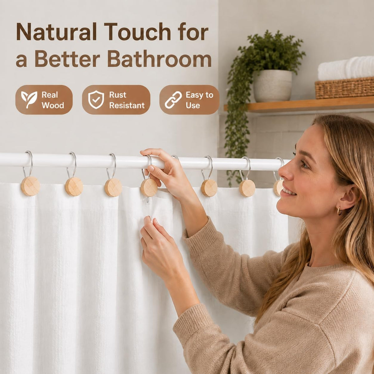 Wood Shower Curtain Hooks with Silvery Metal Rings, Set of 12 Decorative Hardware for Bathroom Rods