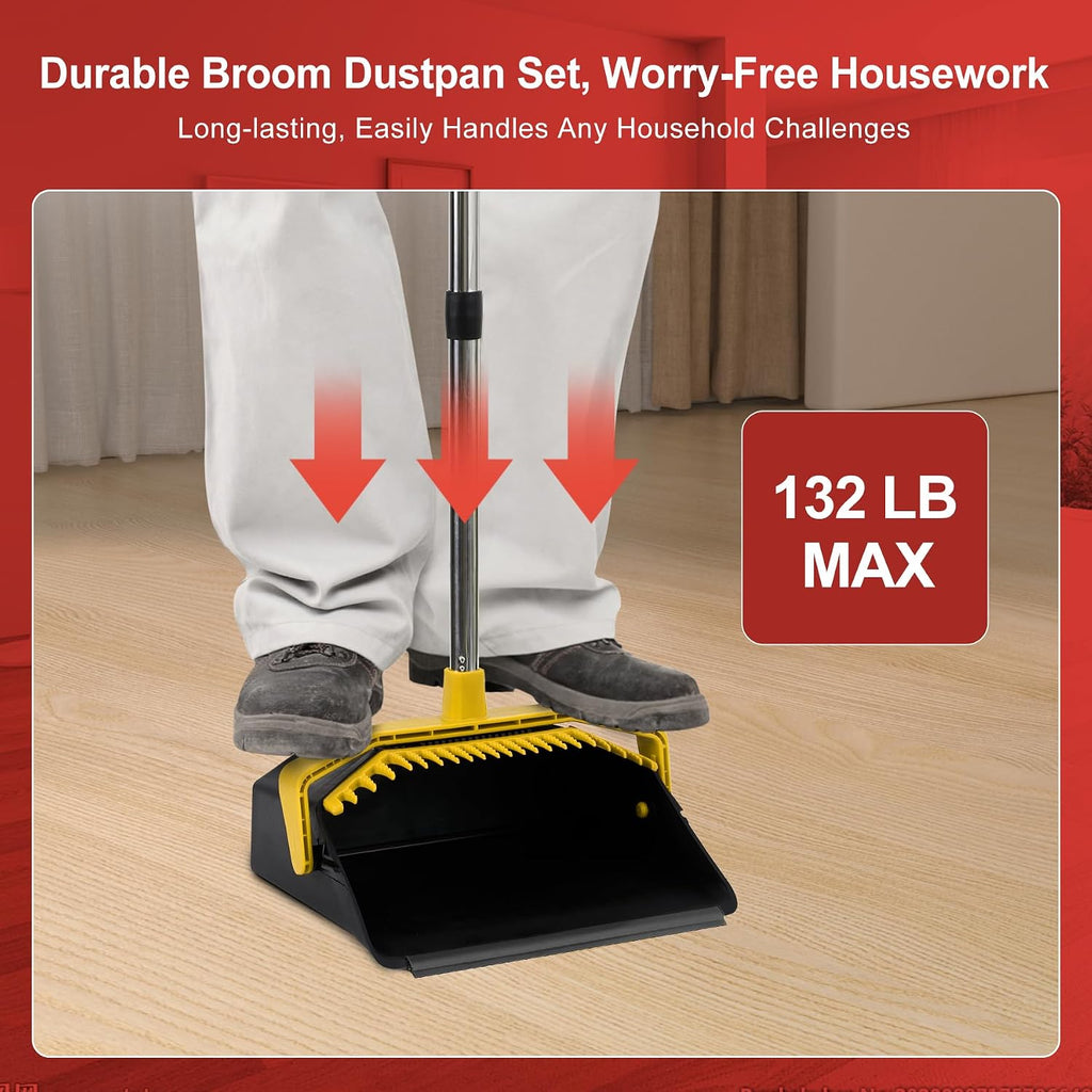 Broom and Dustpan Set for Home, 51" Long Handle Standing Pan Black Yellow