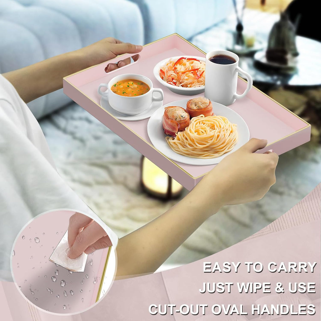 MAONAME Pink Decorative Tray, Rectanrle Plastic Serving Tray with Handles