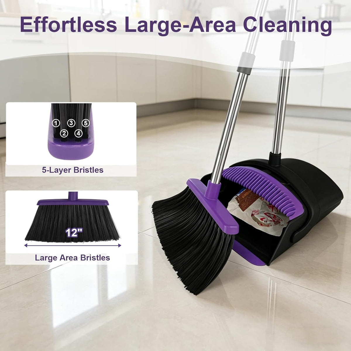 Broom and Dustpan Set, 51" Long Handle Broom with Built-in Comb - Purple