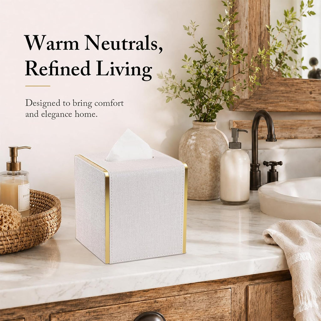 GORESE Linen Look Tissue Box Cover Square, PU Leather Tissue Box Holder
