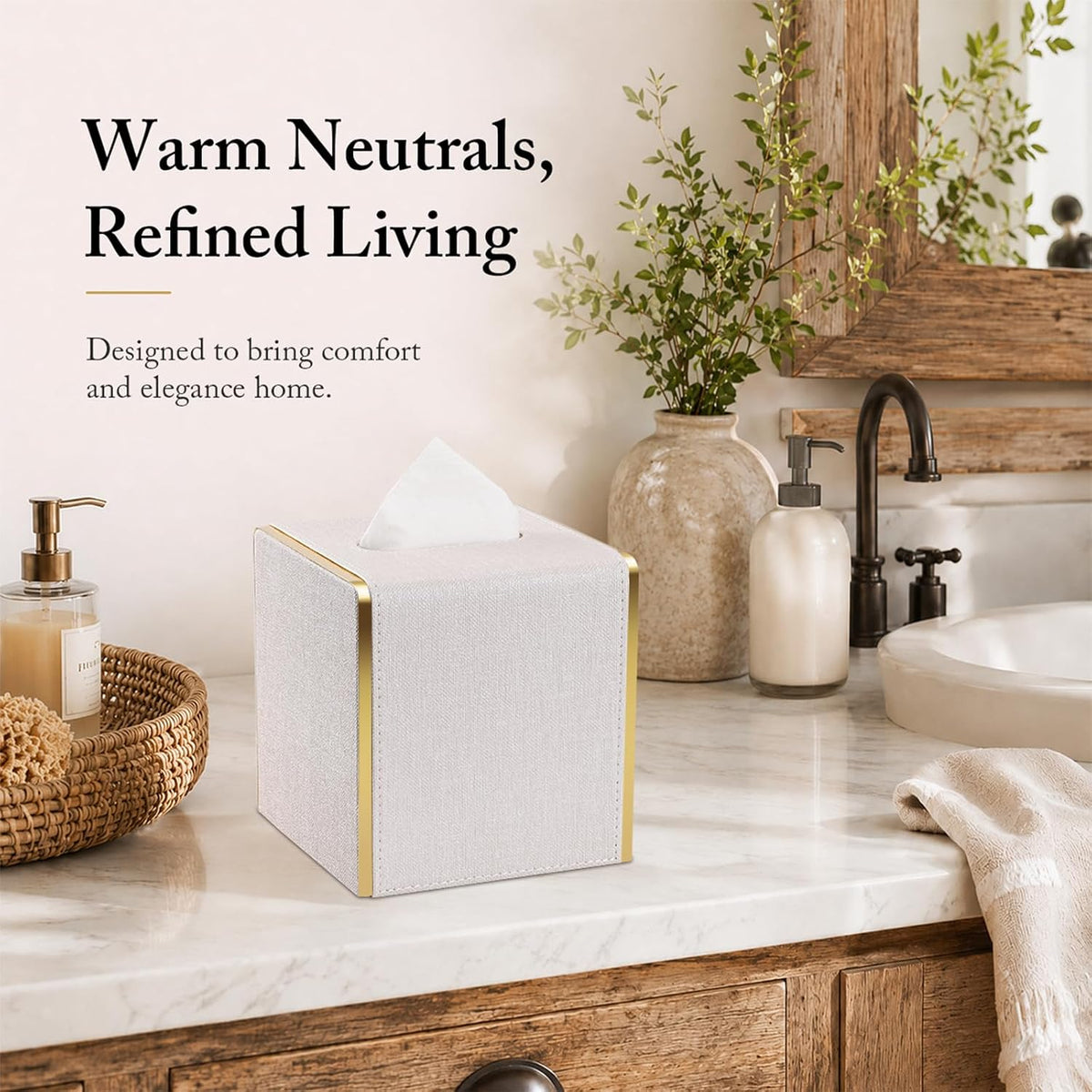 GORESE Linen Look Tissue Box Cover Square, PU Leather Tissue Box Holder