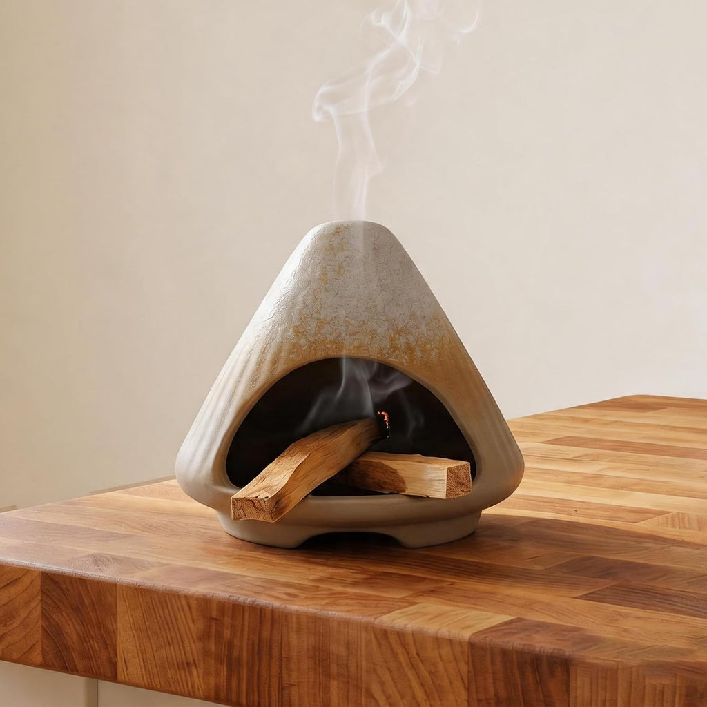 CEREMONY Palo Santo Holder -Mini Ceramic Incense Holder for Palo Santo and Sticks - White Sage Holder for Meditation Decor Ceremony Incense with Glass Grey Collector (Grey-Mount Fuji)