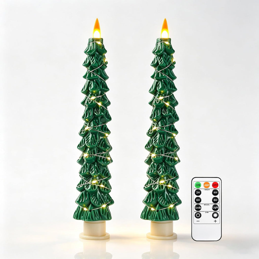 Christmas Tree Candles Surrounded by Fairy Lights, LED flameless Candle Lights with Remote Control Timing Function. Green