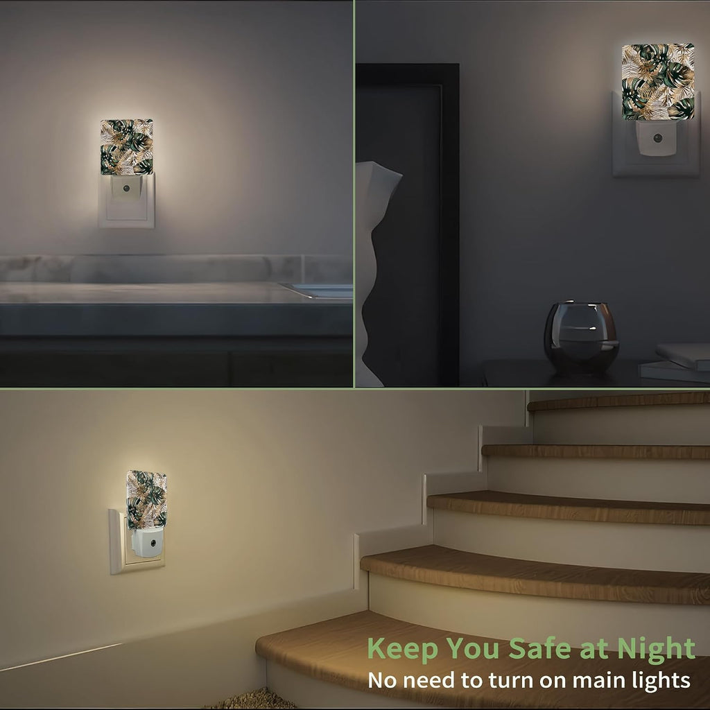 Green Gold Leaf Night Light, Tropical Palm Night Light Plug into Wall with Dusk to Dawn Sensor, LED Lamp Energy Saving Lights for Men Women Boys Girls,Lamp for Bedroom Bathroom Hallway