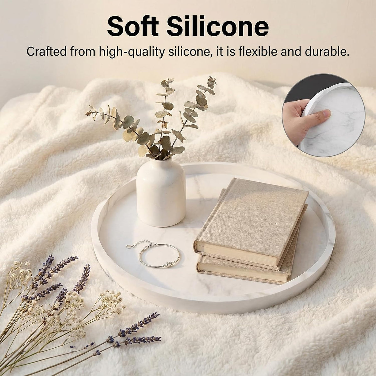 Round Tray Silicone, 10.6 Inch Bathroom Tray Countertop Decor, Vanity Trays for Bathroom Organizers, Waterproof Bathroom Tray for Counter, Decorative Coffee Table Tray-Marble White