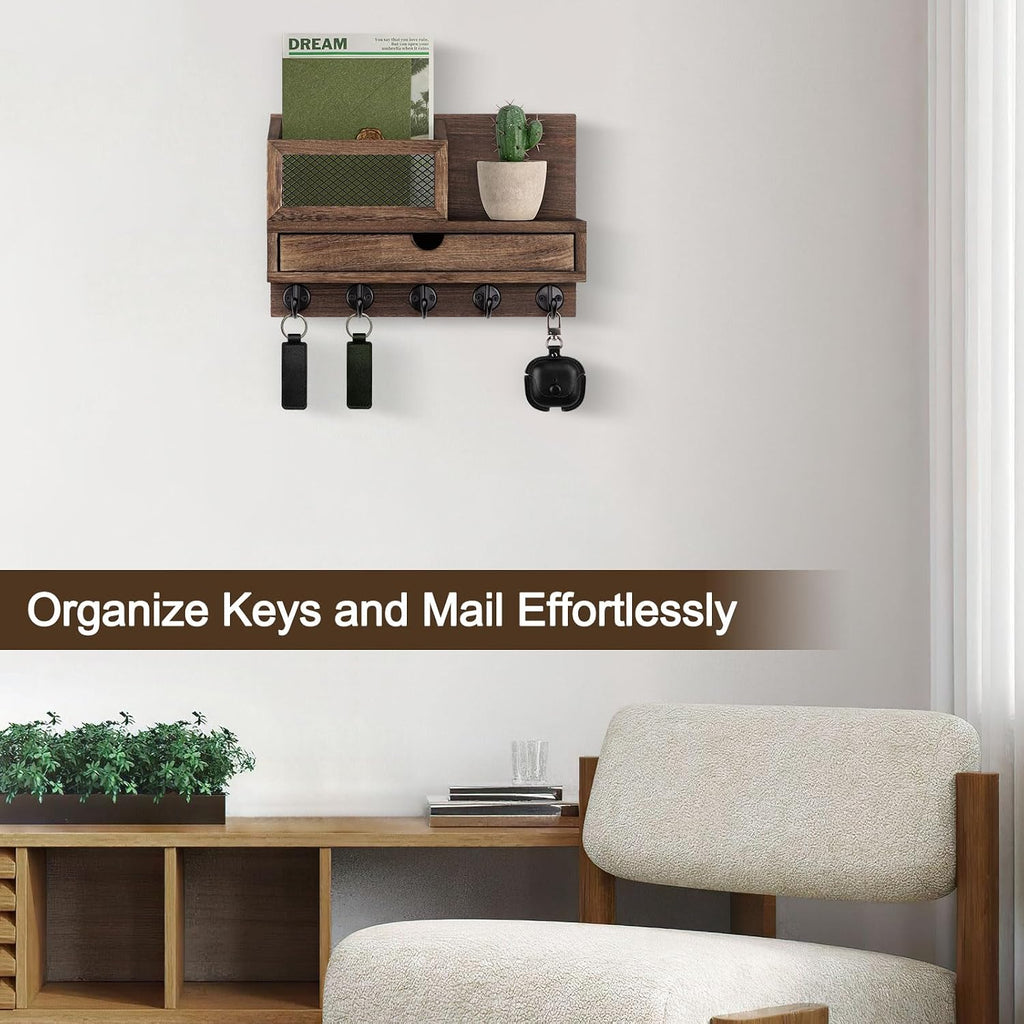 Key Holder for Wall with 5 Key Hooks and Storage Drawer