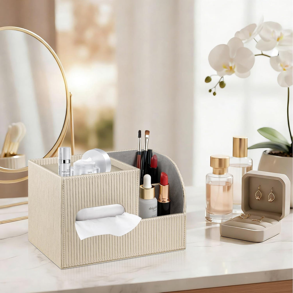 PU Leather Tissue Box Cover with Storage Tray, Cube Facial Tissue Holder