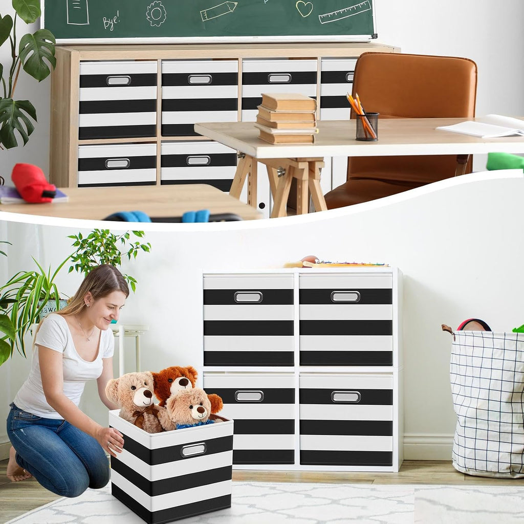 CroBlissful 13 Inch 6 Pcs Fabric Storage Cubes with Handle, Black and White