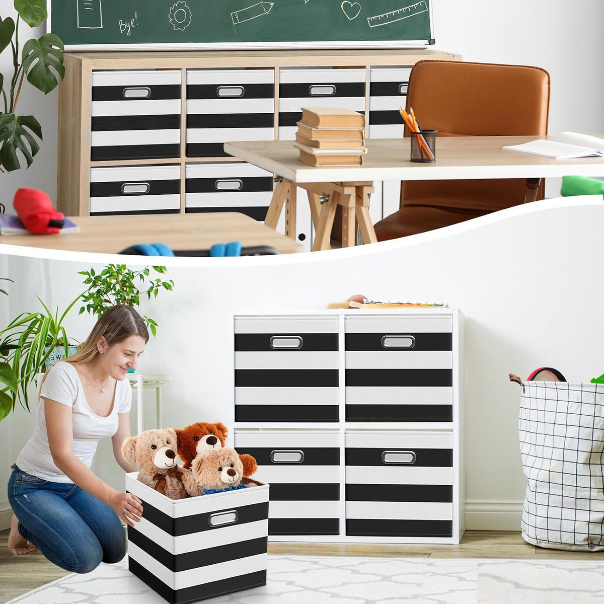 CroBlissful 13 Inch 6 Pcs Fabric Storage Cubes with Handle, Black and White