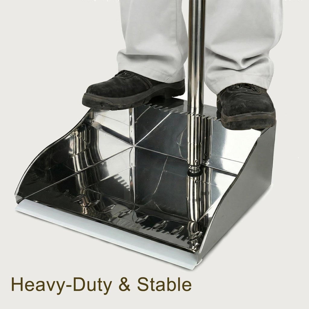 Metal Dust Pan with Long Handle, Stainless Steel Standing Dustpan