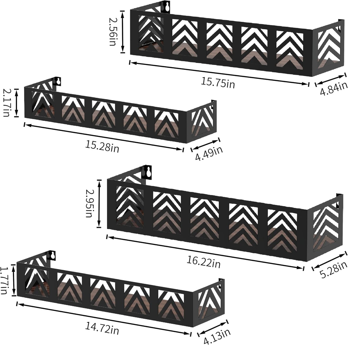 Floating Shelves Set of 4, Home Metal Wood Shelf, Black