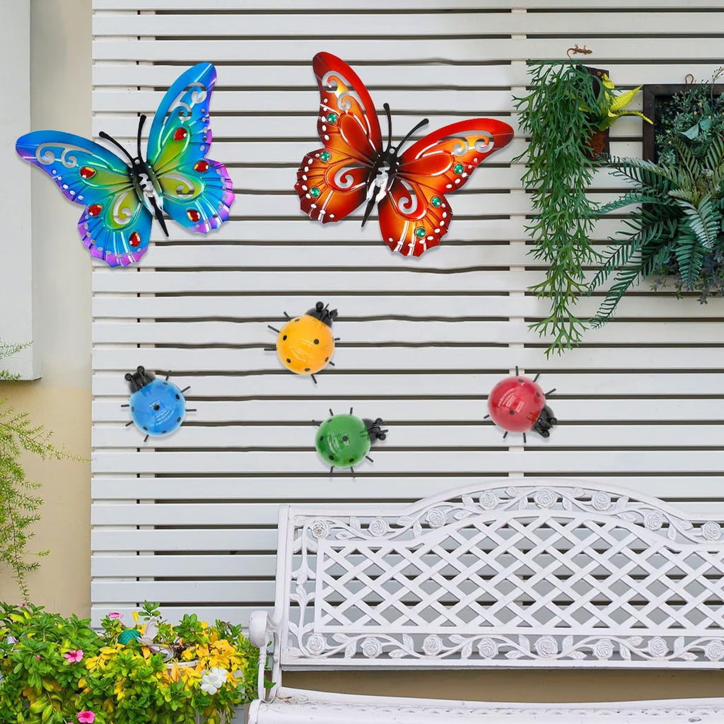 2 Pack Butterfly Decorations, 14.5" Large Metal Butterflies Fence Garden Yard Art Wall Decor for Outdoor Patio Balcony Tree Front Porch, Vibrant Colors Blue Red