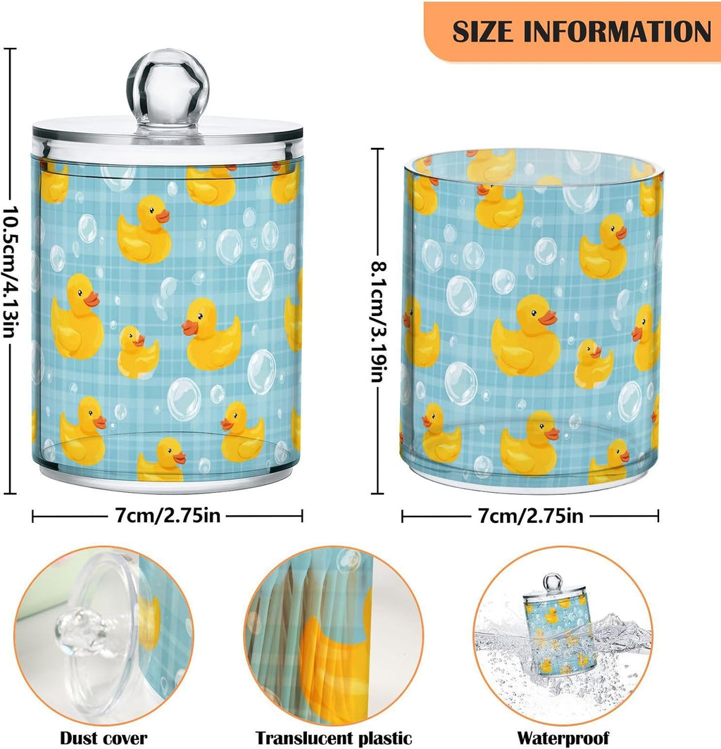 2 Pack Qtip Holder Dispenser Yellow Ducks Soap Bubbles Blue Apothecary Jars with Lids Dog Plastic Acrylic Bathroom Vanity Countertop Canister Storage Organizer for Cotton Ball,Swabs,Pads,Floss