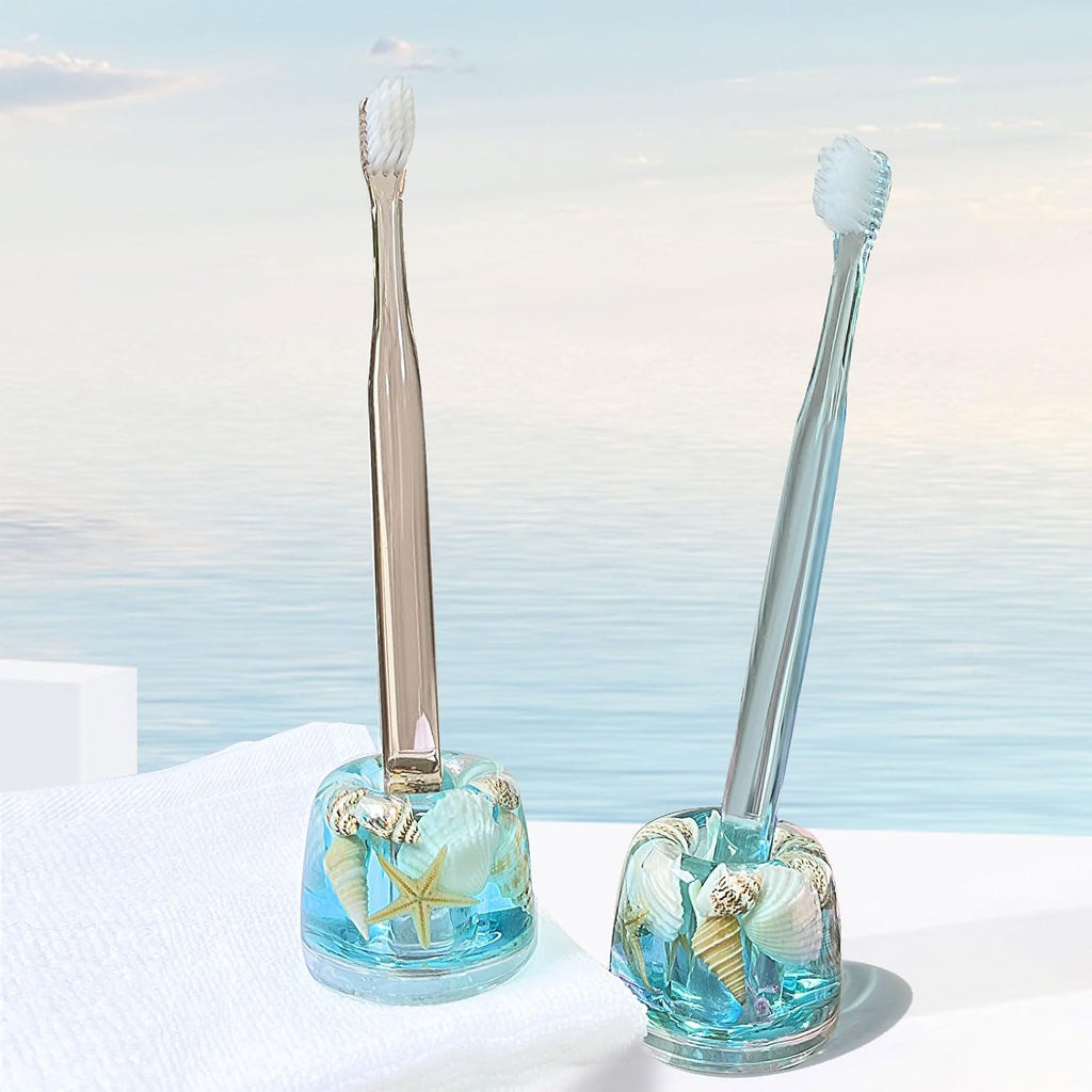 FONMY Mini Couple Toothbrush Holder Stand-Acrylic w/Nature Seashell Handmade Seascape Razor Holders Organizer for Bathroom Vanity Countertops Office Unique Gifts and Home Decoration,Sea Blue,Pack of 2