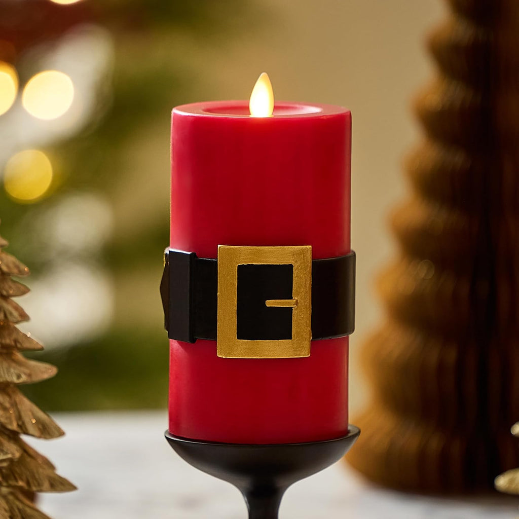 Luminara Flickering Flameless LED Candle, Battery Operated, Timer Function, Remote Ready (Sold Separately), Red Santa Belt 3.4" x 6.5" Pillar, Unscented Real Wax Moving Flame, Christmas Holiday Decor