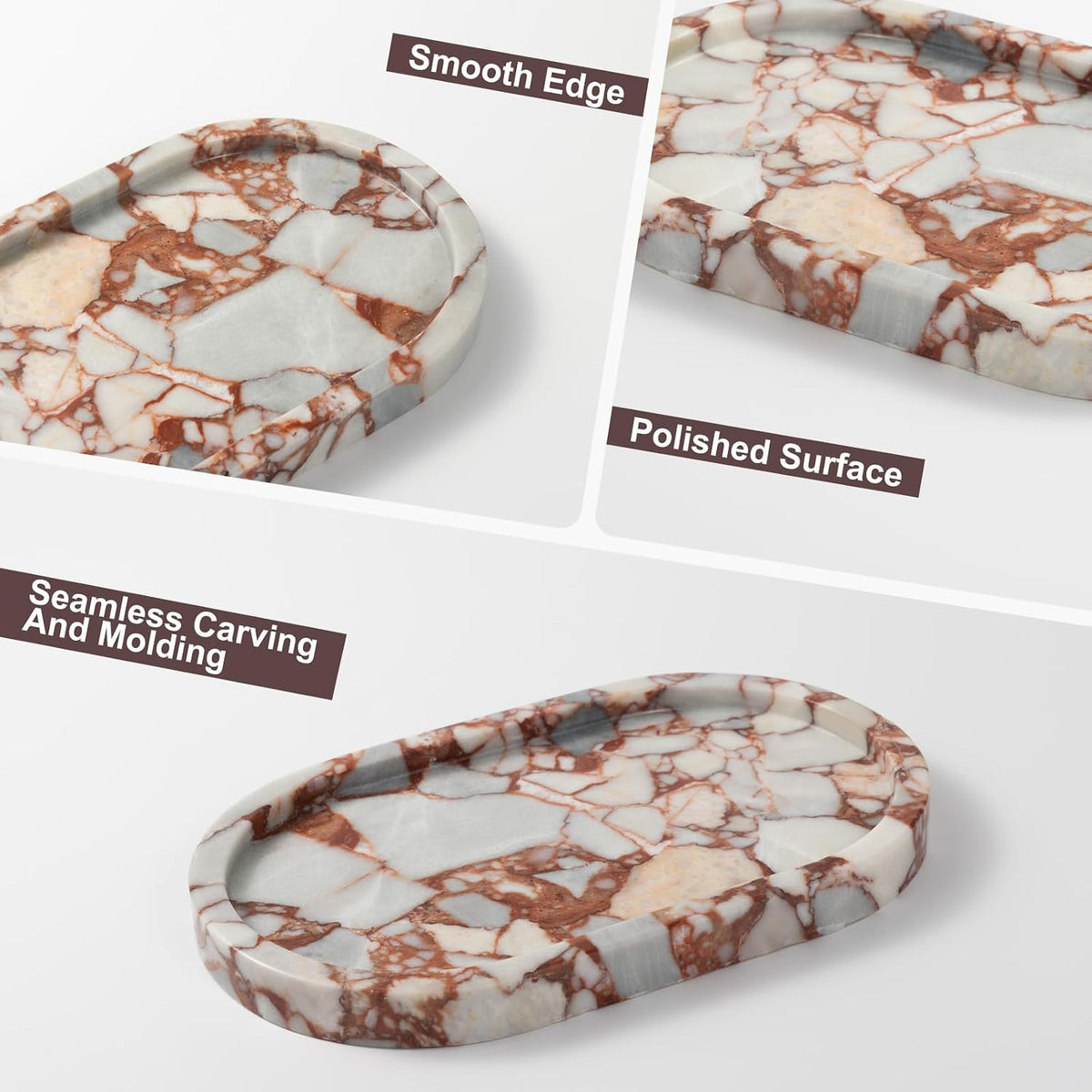 Red Marble Oval Tray 10x6 Inch - Vanity & Bathroom Organizer, Jewelry Dish, Coffee Table Decor - Natural Stone Desktop Catchall