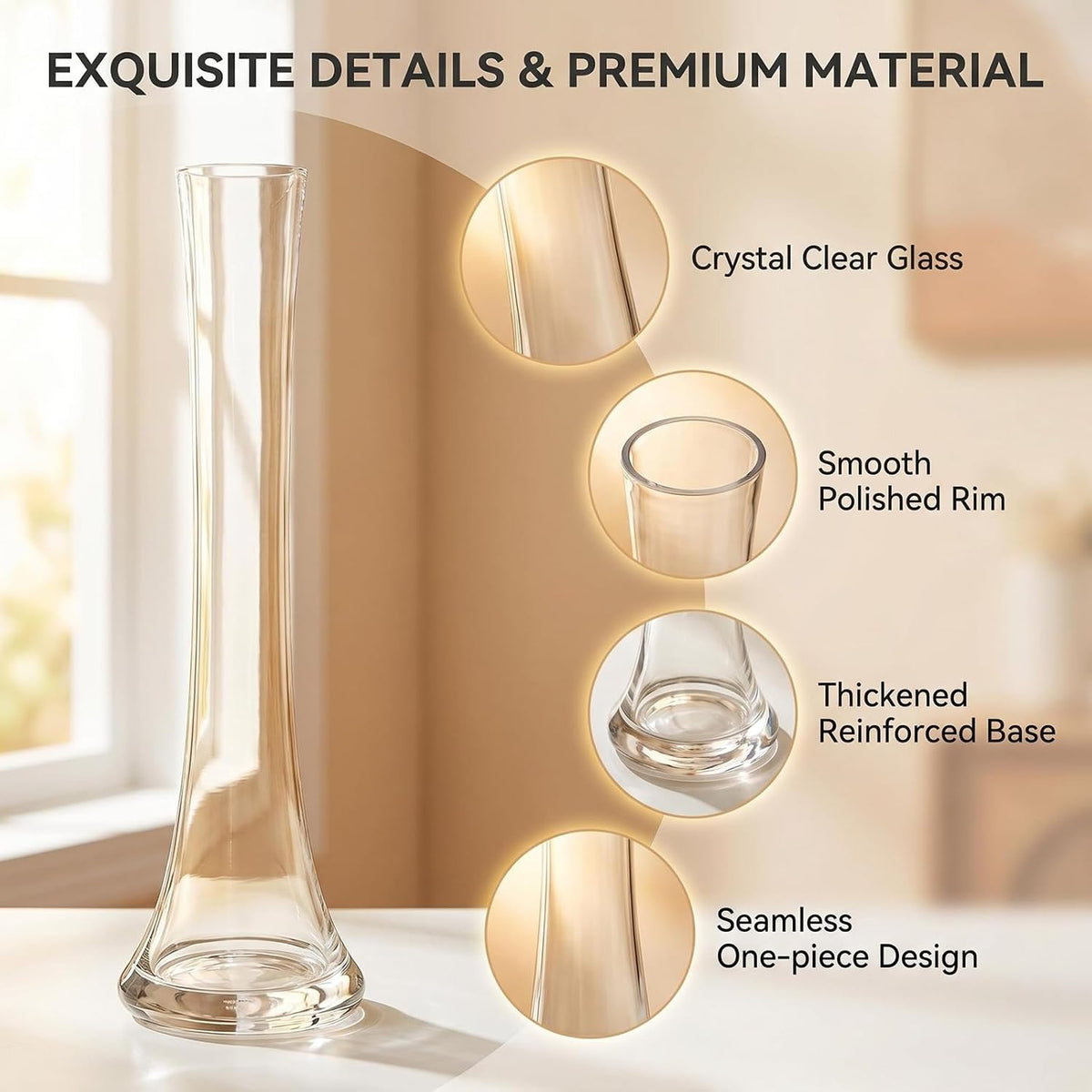 Clear Glass Bud Vase 9.8 Inch Tall Round Bottom Floral Container for Wedding Party Home Office Decor 1 Piece