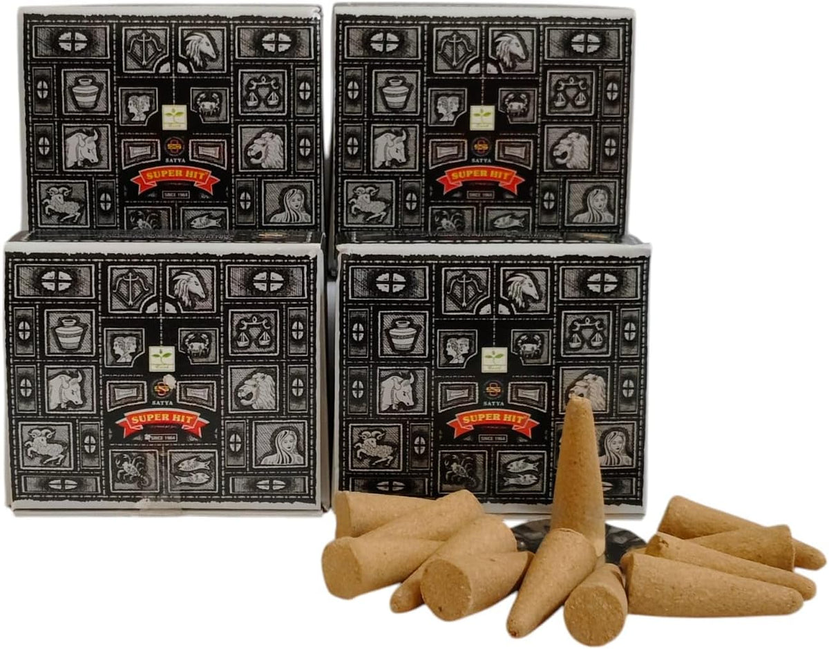 Satya Nag Champa Incense Cones for Meditation and Yoga, 48 Pieces, 4 Packs (Incense Dhoop Cones, SuperHit)