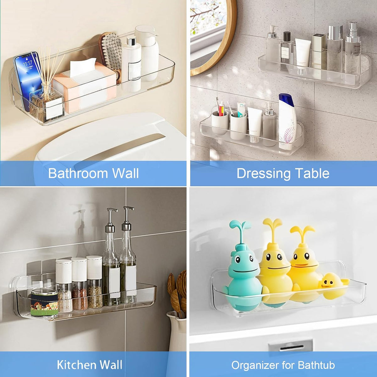 Diesisa Acrylic Wall Mounted Shower Caddy, Large, Adhesive Bathroom Shelves