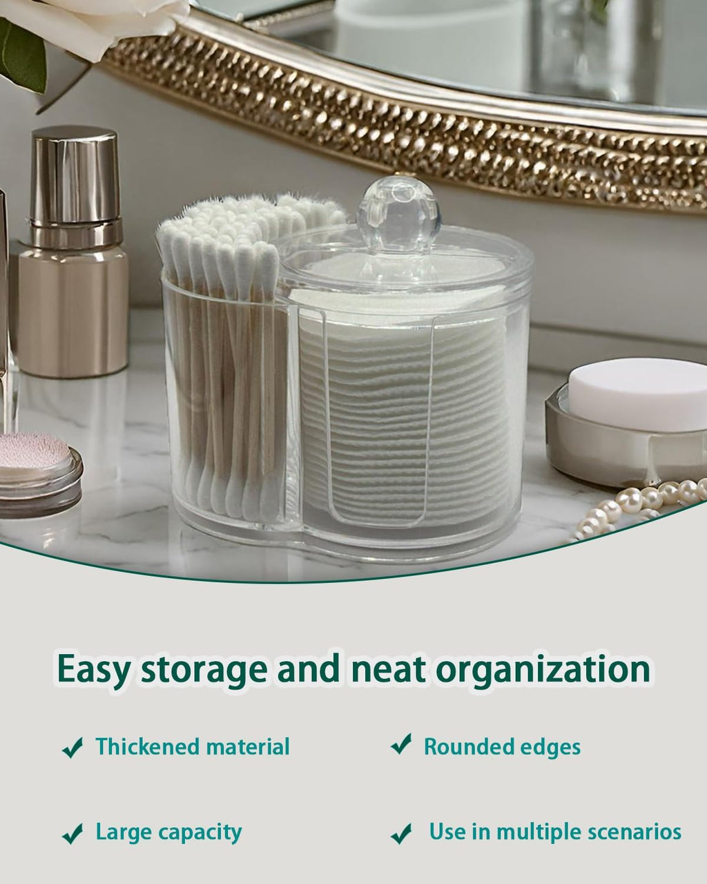 2-in-1 Cotton Swab and Cotton Round Holder with Lid, Clear
