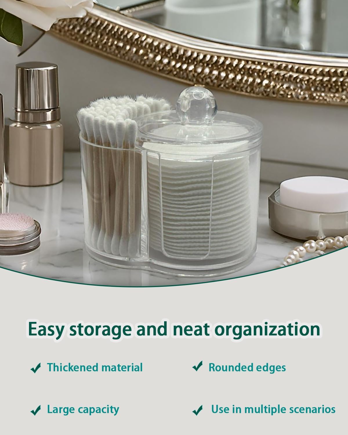 2-in-1 Cotton Swab and Cotton Round Holder with Lid, Clear