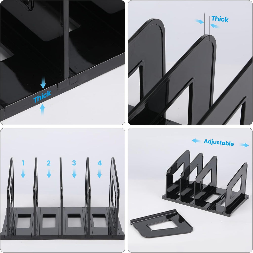 LALOBLUE File Organizer, Acrylic Folder Organizer File Sorter, Plastic Vertical Dividers for Magazine Mail Letter Paper, Desktop Organizers for Office, Classroom & Home(4 Sections, 2 Pack), Black