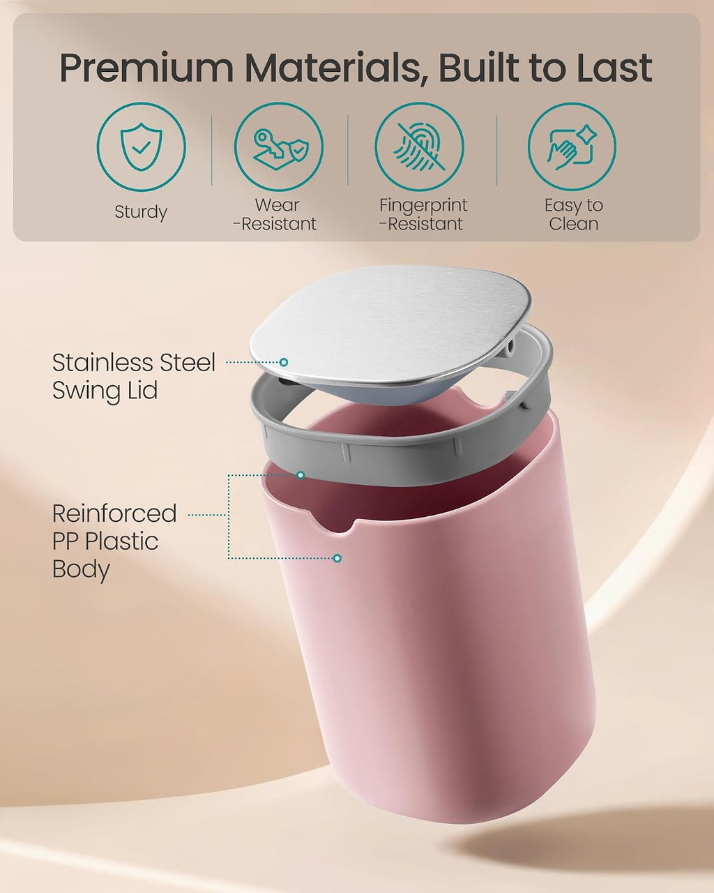 SONGMICS Mini Desk Trash Can with Stainless Steel Swing Lid, 0.4 Gal
