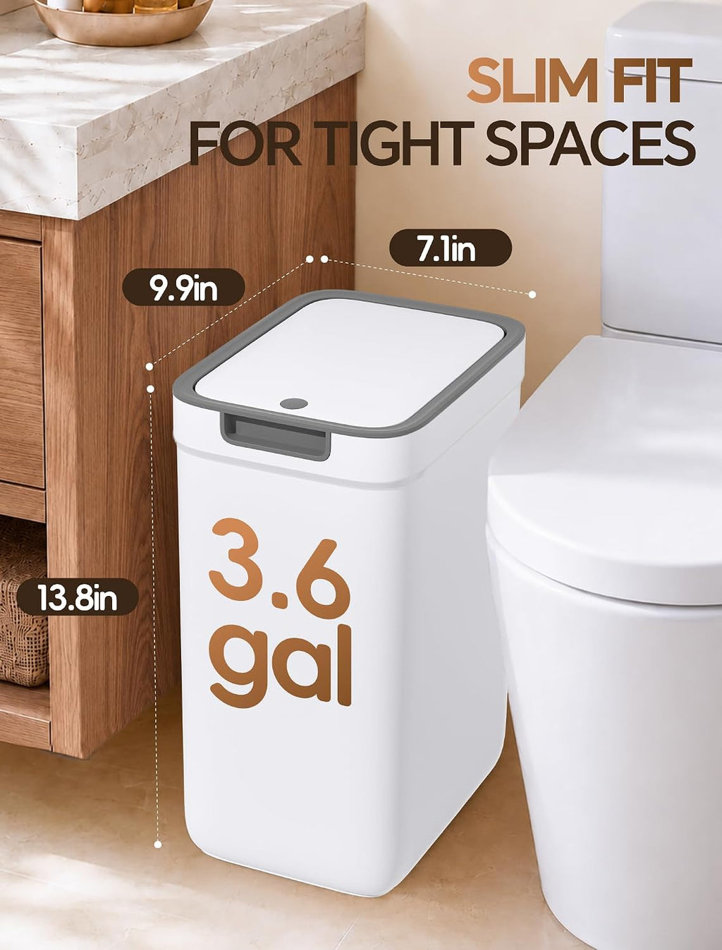 Small Bathroom Trash Can with Lid, Dog Proof, 3.6 Gal