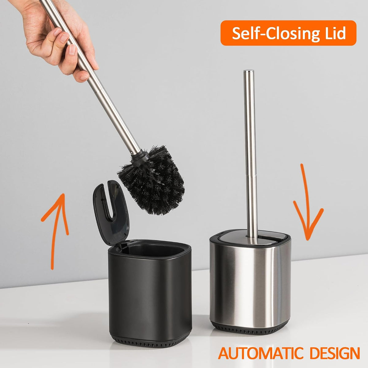 Toilet Bowl Brush and Holder, Toilet Brush with Stainless Steel Handle and Durable Bristles for Bathroom Cleaning, Automatic Closing Holder Set (Silver)