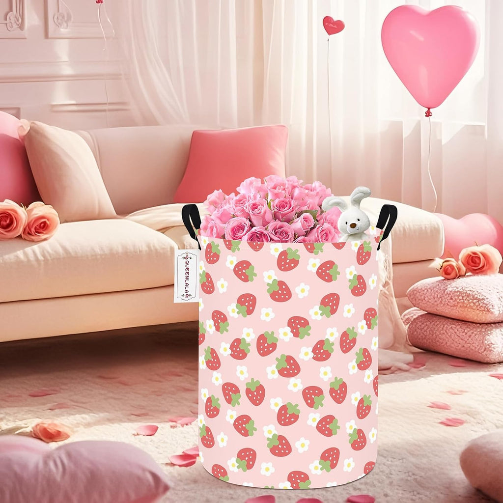 Foldable Waterproof Round Fabric Laundry Basket Home, Pink Strawberry
