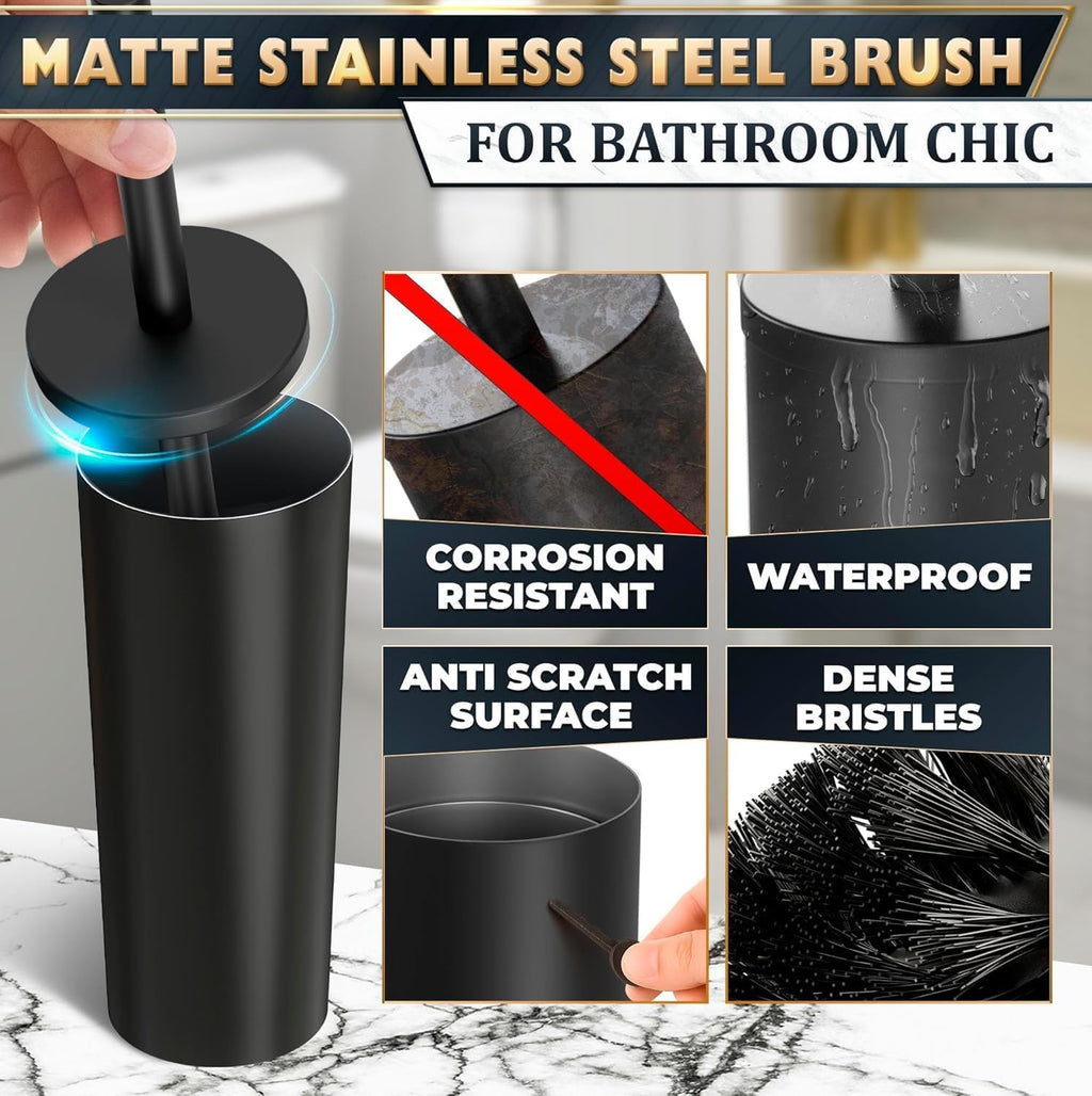 Black Toilet Brush and Holder Set, Freestanding, Splash Protection