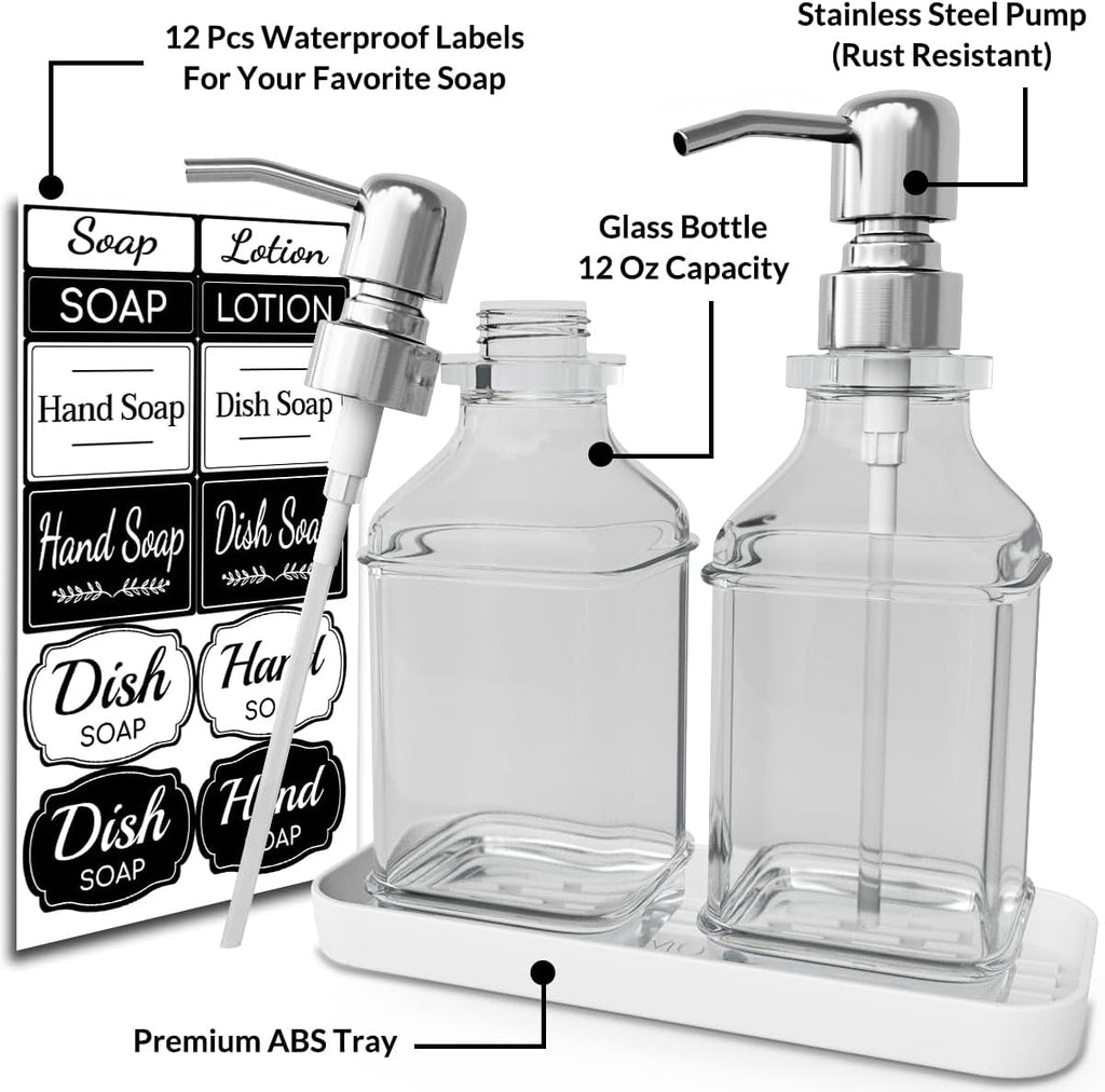 LMQML Soap Dispenser - 2 Pack, Antique Design Thick Glass Hand Soap Dispensers with Sturdy Tray; 304 Rust Proof Stainless Steel Silver Pump, 12Pcs Stickers, for Kitchen, Bathroom