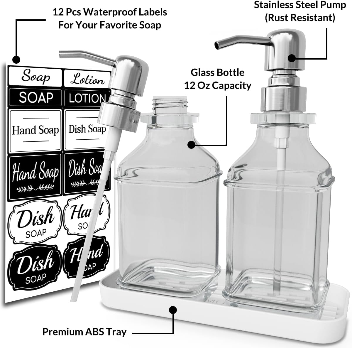 LMQML Soap Dispenser - 2 Pack, Antique Design Thick Glass Hand Soap Dispensers with Sturdy Tray; 304 Rust Proof Stainless Steel Silver Pump, 12Pcs Stickers, for Kitchen, Bathroom