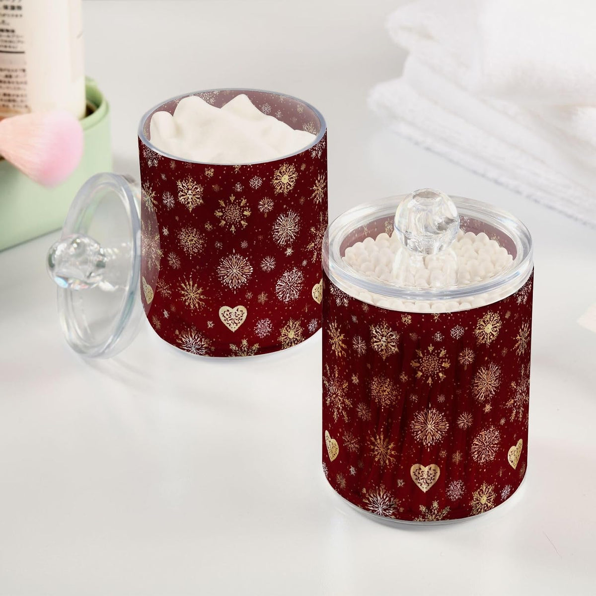 Gredecor Christmas Winter Qtip Holder Dispenser 2 Pack Gold and White Snowflakes Apothecary Jars with Lids Bathroom Vanity Countertop Canister Storage Organizer for Cotton Ball,Swabs,Pads,Floss