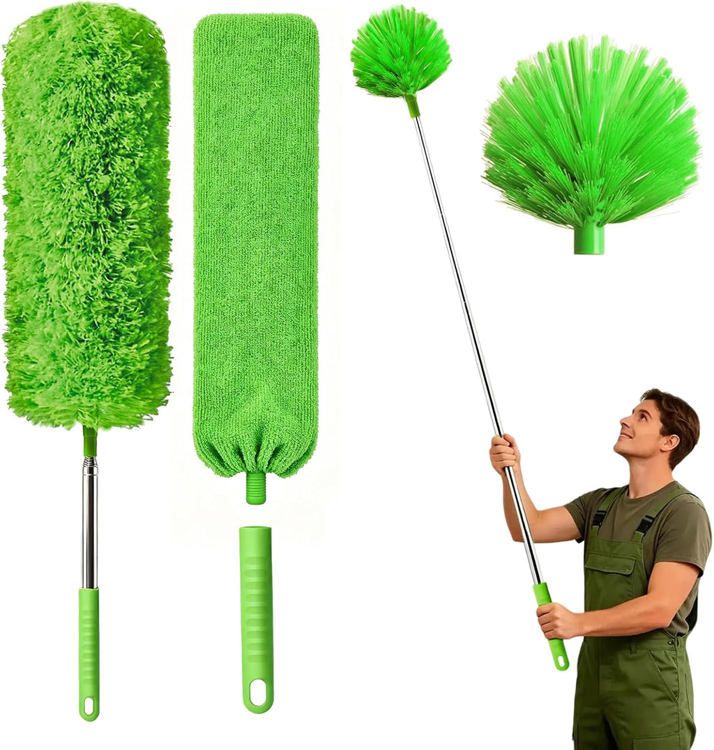 Cobweb Duster with Extension Pole, Washable Cleaning Duster Kit with 3 Duster Heads,15-110-Inch Telescoping Pole for high Ceiling Fans Duster,Crevice Brush, Corner Brush，Spider Web Brush