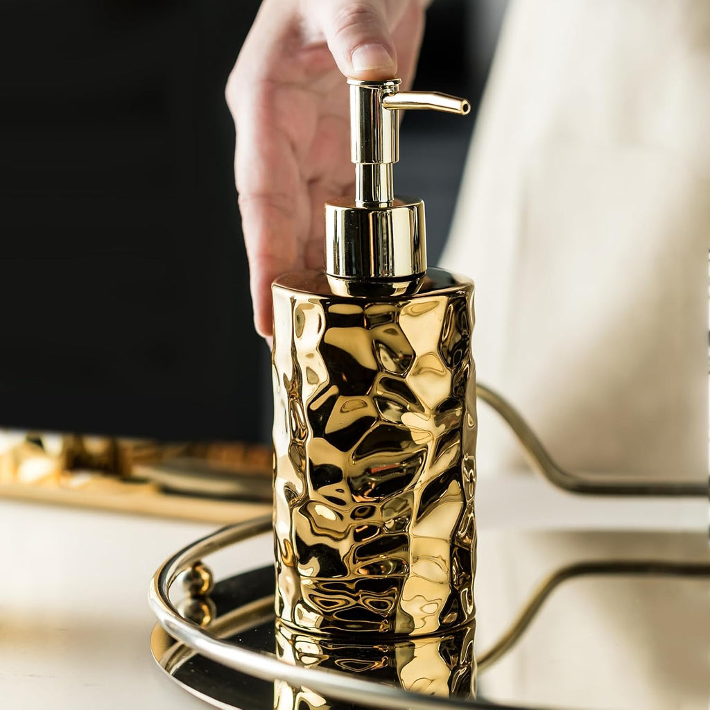 Gets Ceramic Soap Dispenser Gold Round Hammered Finish Refillable Pump