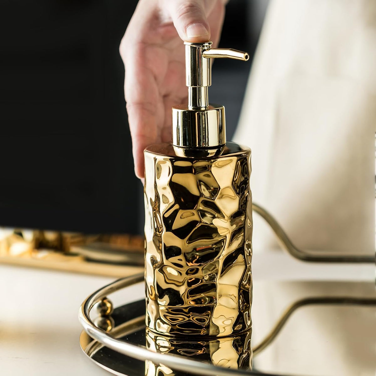 Gets Ceramic Soap Dispenser Gold Round Hammered Finish Refillable Pump