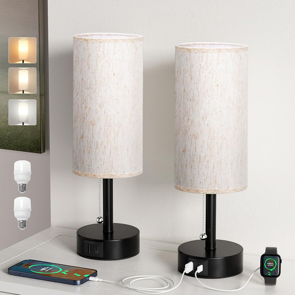 Fenmzee Cream Bedside Table Lamps Set of 2 - Bedroom Lamp for Desk, USB C+A