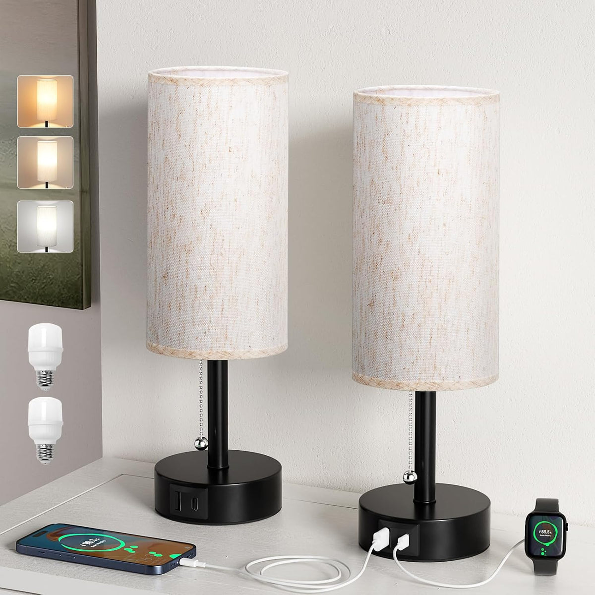 Fenmzee Cream Bedside Table Lamps Set of 2 - Bedroom Lamp for Desk, USB C+A