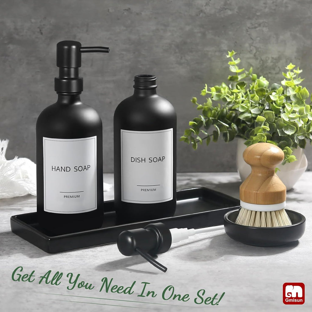 GMISUN Kitchen Soap Dispenser Set, 17 fl oz Dish Soap Dispenser with Ceramic Tray & Bamboo Brush for Kitchen, 2Pcs Matte Black Glass Hand and Dish Soap Dispenser Set, Refillable Soap Bottle Set